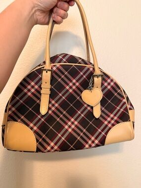 Burberry Burgundy Plaid Dome Satchel with Tan Trim and Heart Charm